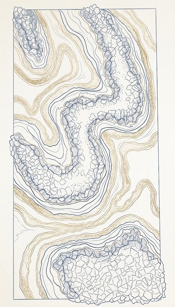 Hand-drawn atelier sketch of the Teal and Gold Geode — navy contour rivers, gold stipple, and fire-glass beds